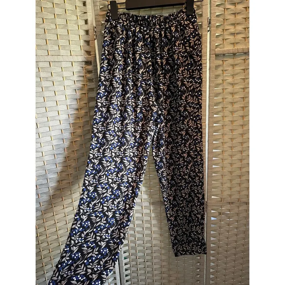 Women's Elastic Waist Wide Leg Pants Navy Blue Patterned Tapered Pleated Front
